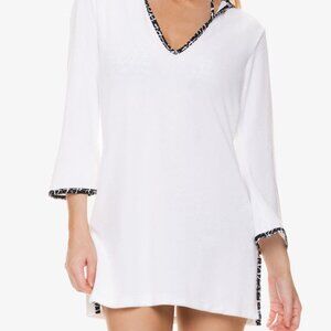 NWT Helen Jon Hooded Terry Cover-Up – White w/ Blue Trim Resort